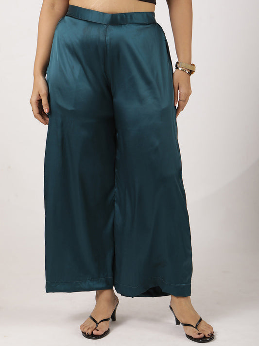 Teal Satin Wide-Leg Pants