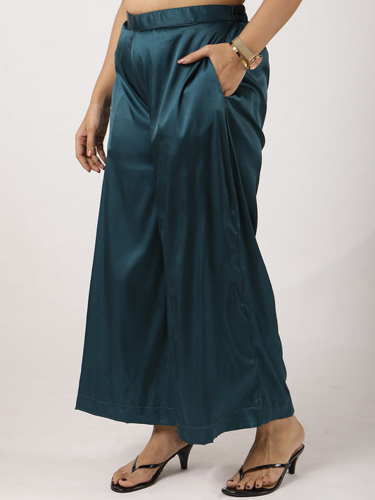 Teal Satin Wide-Leg Pants