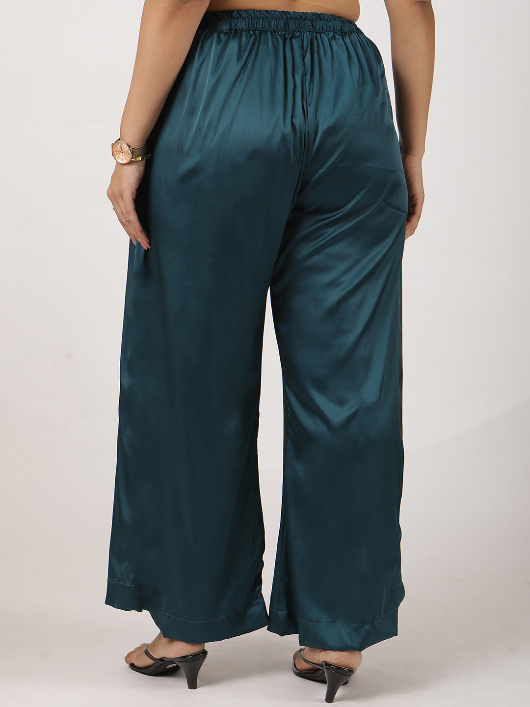 Teal Satin Wide-Leg Pants