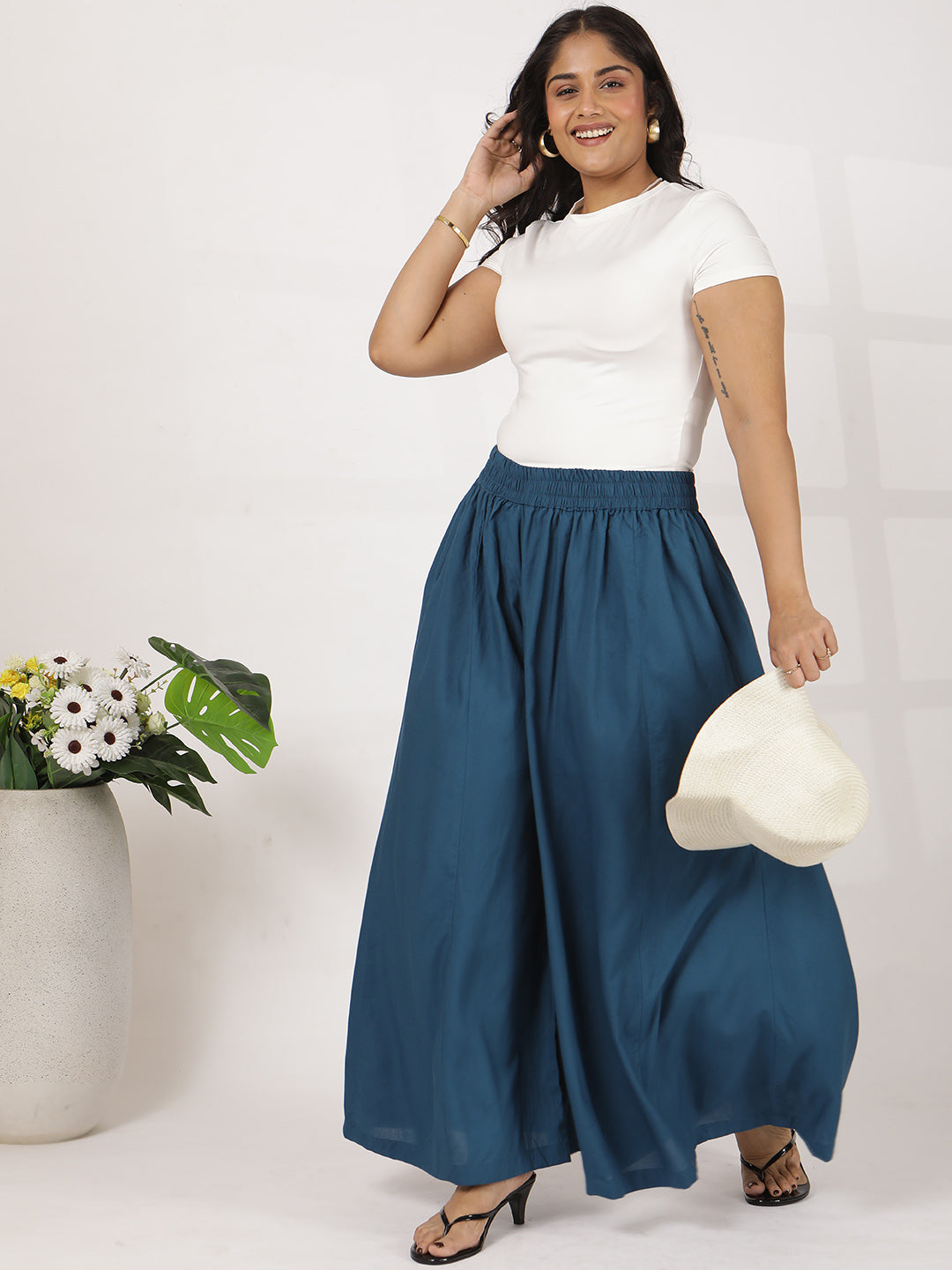 Teal Rayon Flared Palazzo