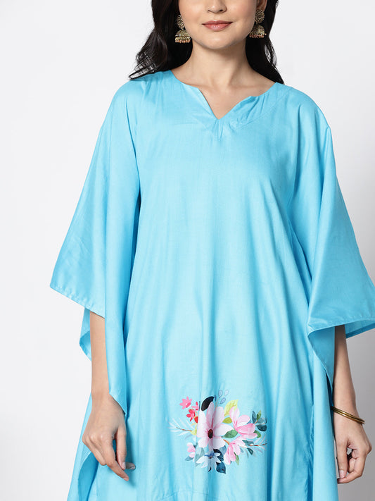 Turquoise Rayon Kaftan - Flowers bloom