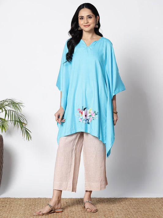 Turquoise Rayon Kaftan - Flowers bloom