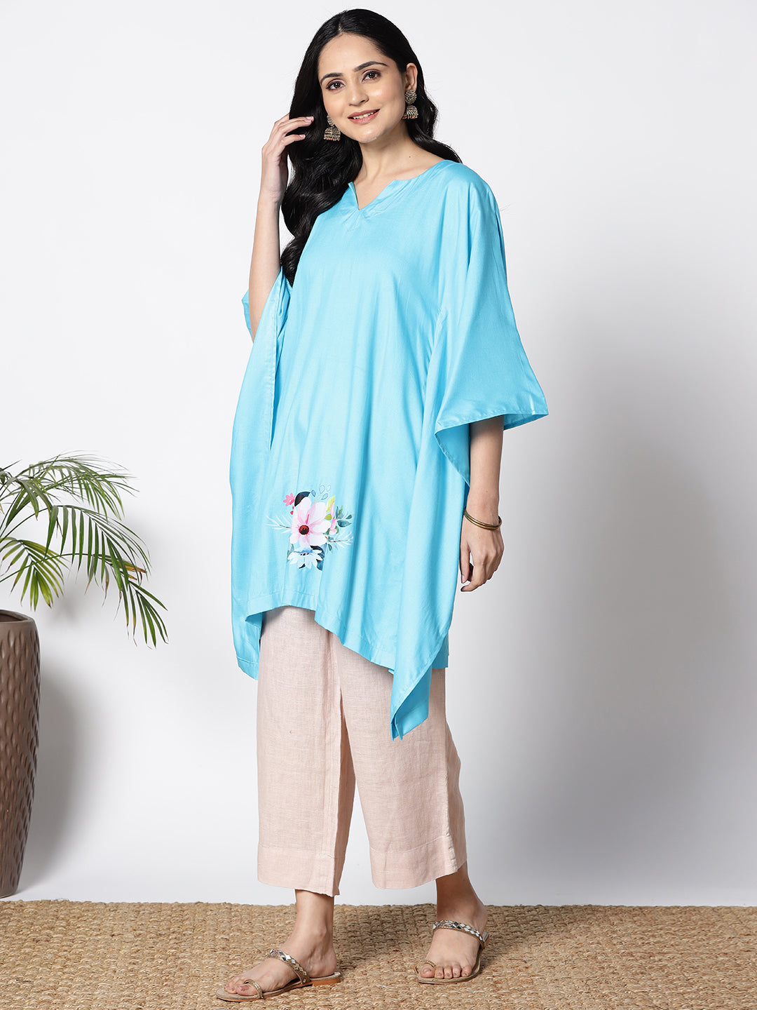 Turquoise Rayon Kaftan - Flowers bloom