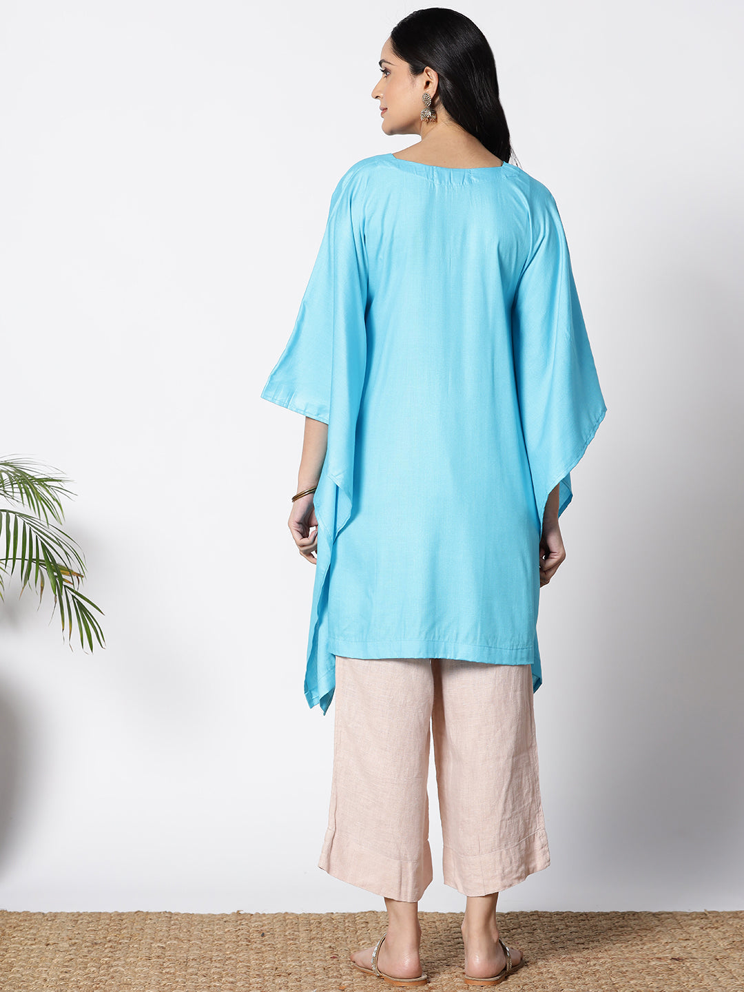 Turquoise Rayon Kaftan - Flowers bloom