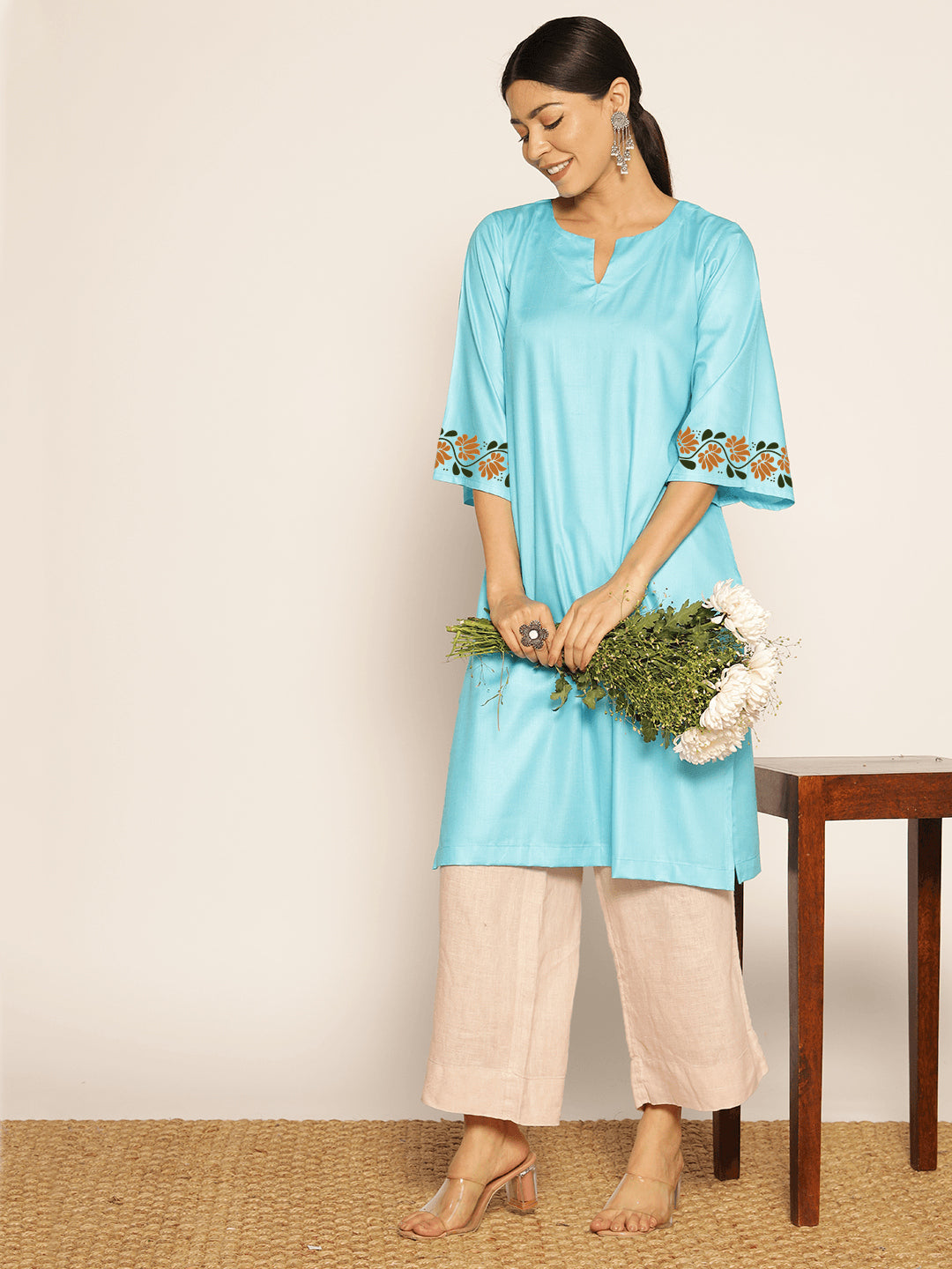 Turquoise Rayon LongKurta - Ananda