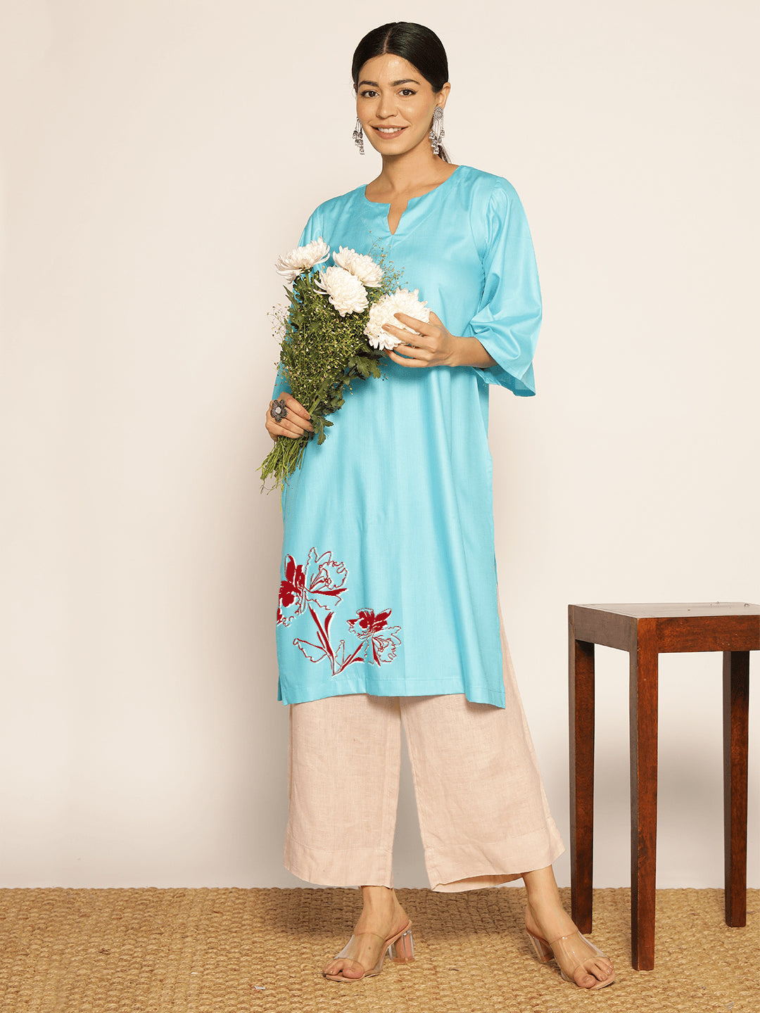 Turquoise Rayon LongKurta - Harini
