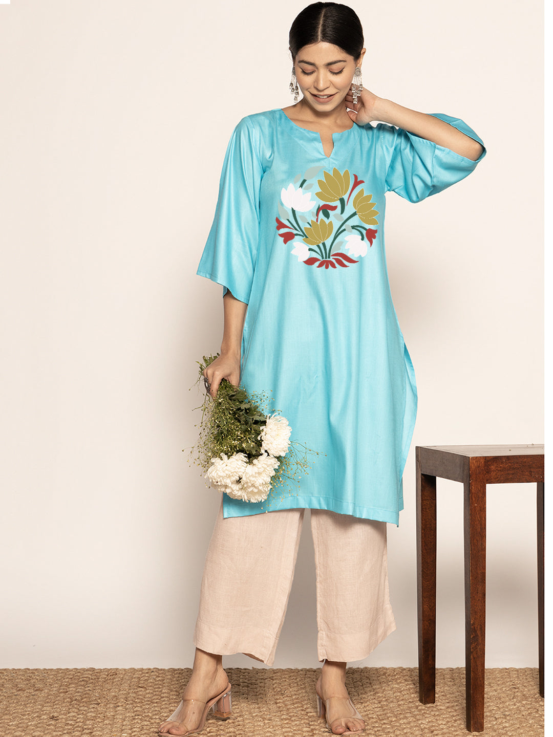 Turquoise Rayon LongKurta - Prabhavita
