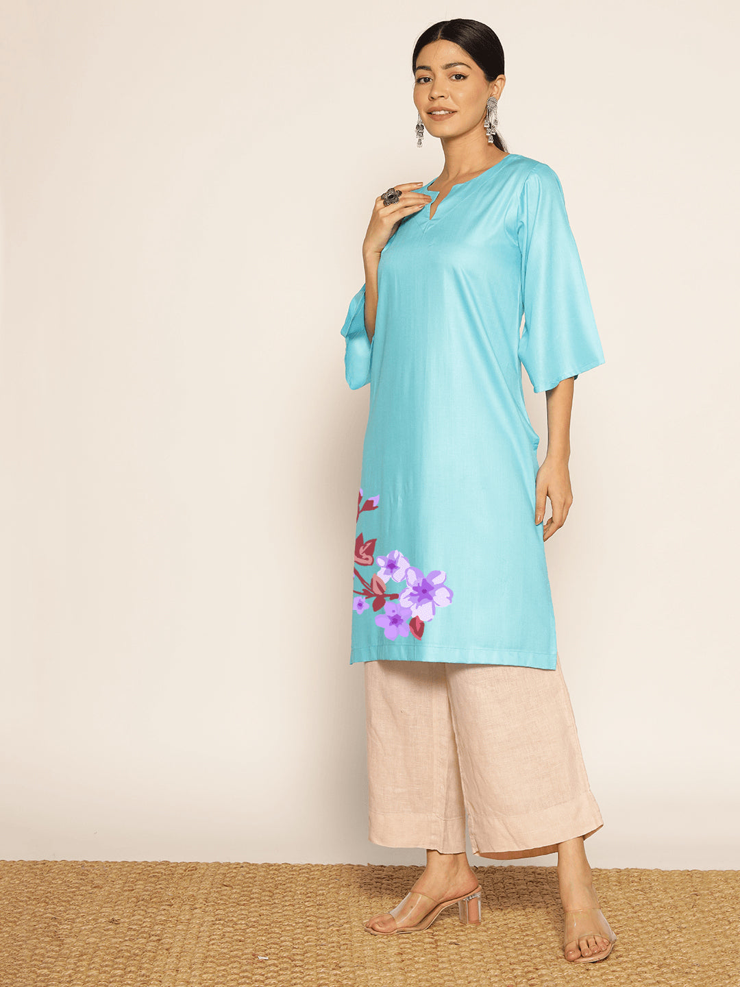 Turquoise Rayon LongKurta - Sugandha