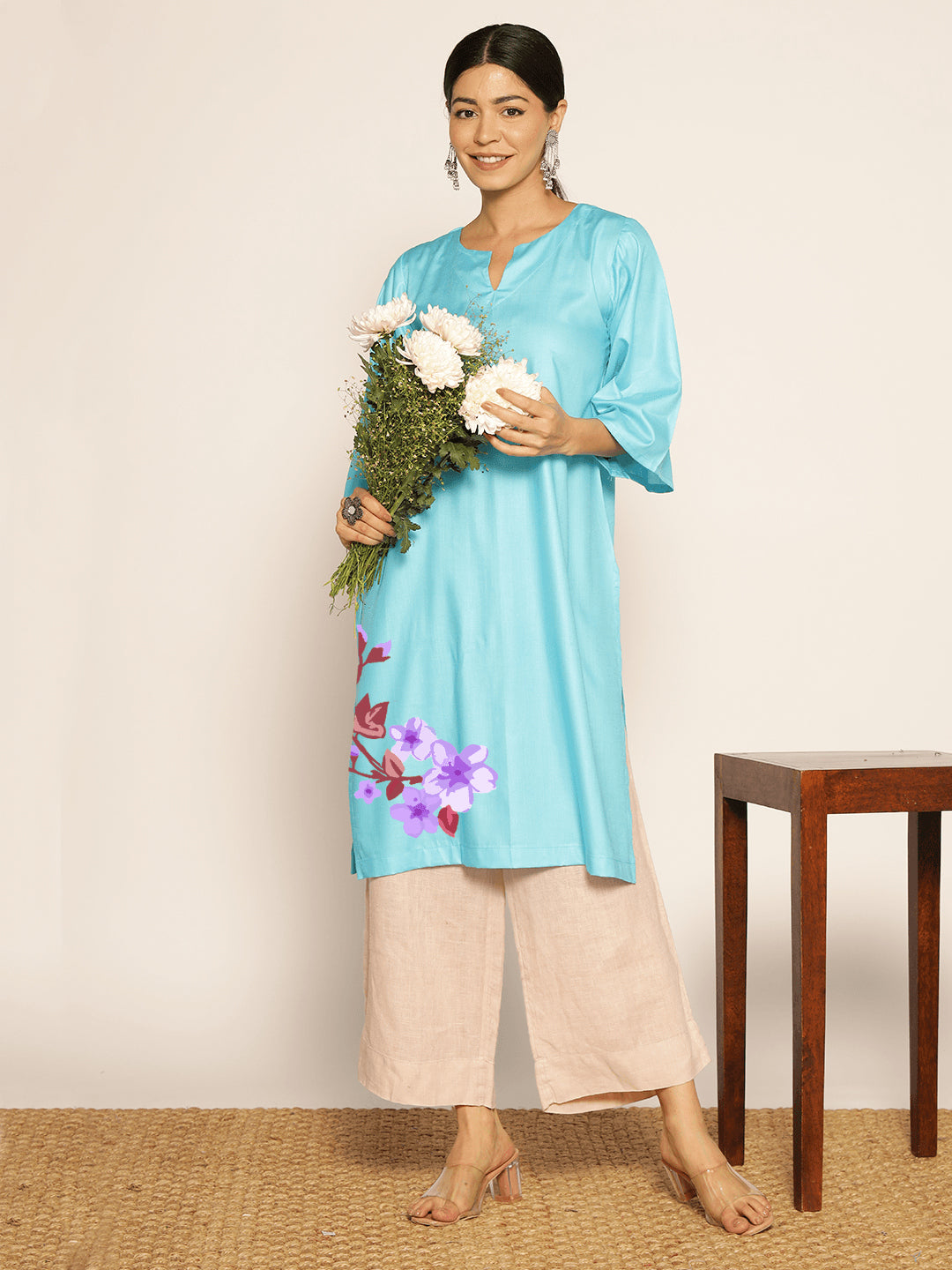 Turquoise Rayon LongKurta - Sugandha