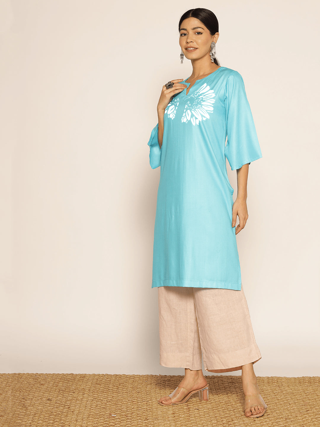 Turquoise Rayon LongKurta - Suvarna
