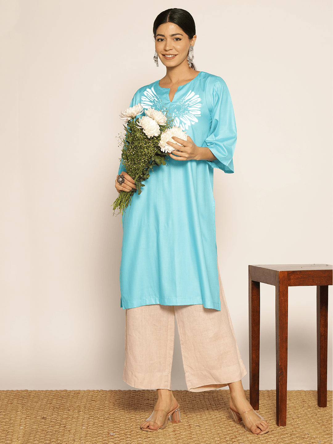 Turquoise Rayon LongKurta - Suvarna