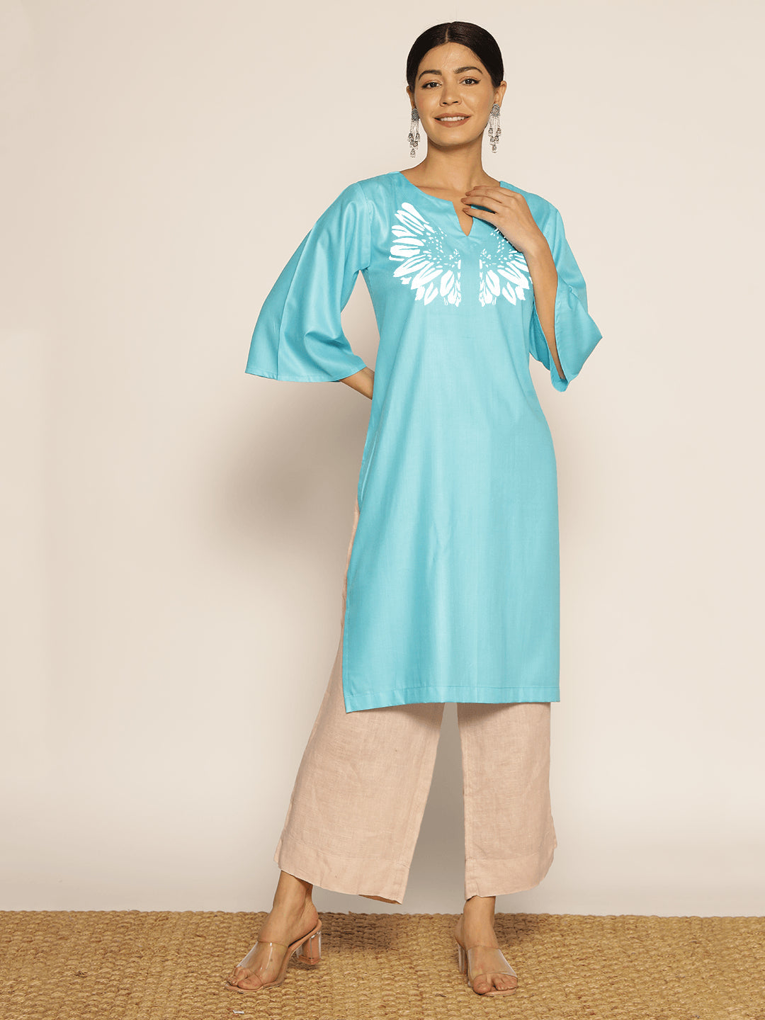 Turquoise Rayon LongKurta - Suvarna