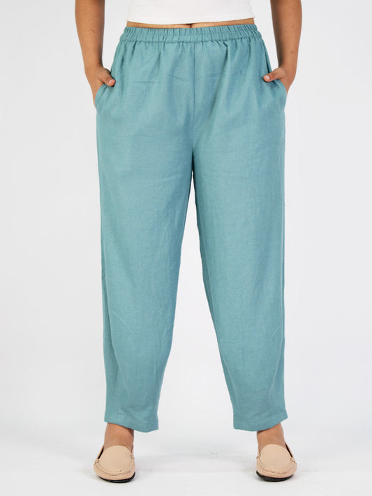 Turquoise Linen Mom-Fit Pants