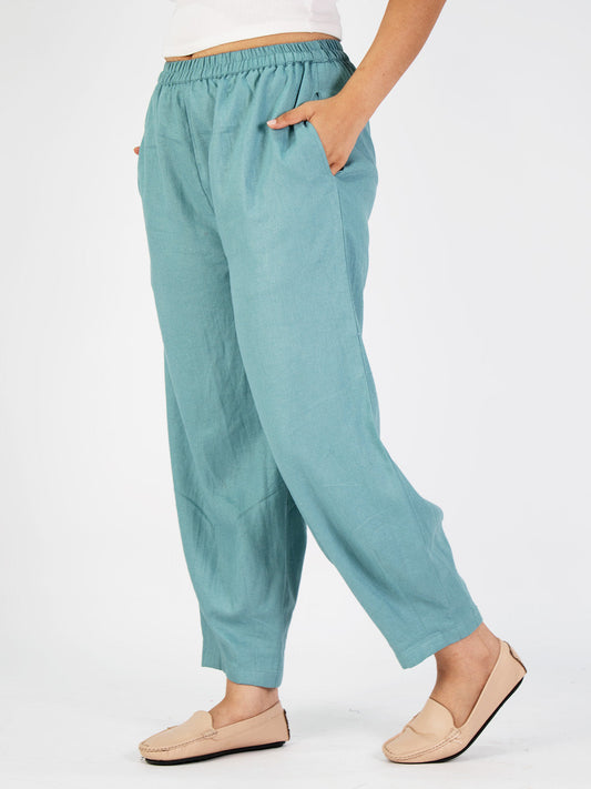 Turquoise Linen Mom-Fit Pants