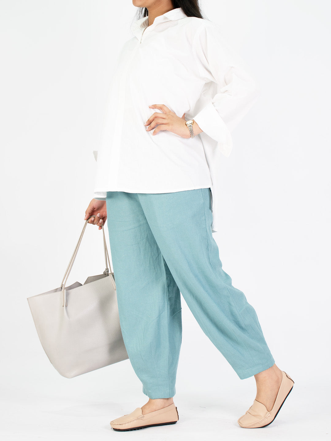 Turquoise Linen Mom-Fit Pants