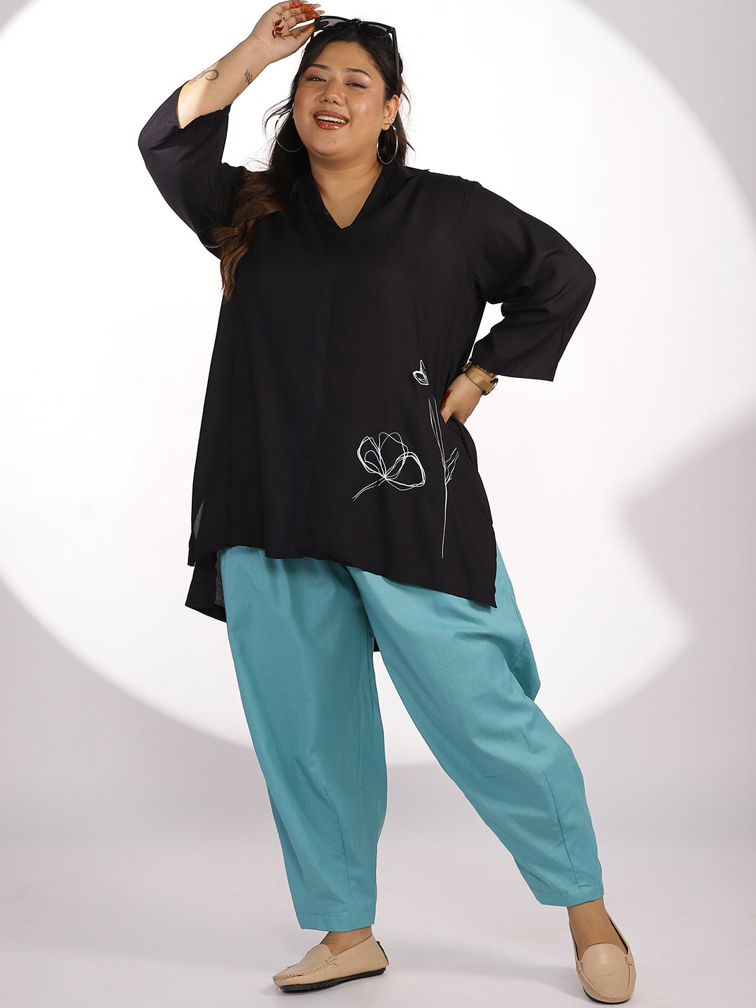 Turquoise Cotton Mom-Fit Pants