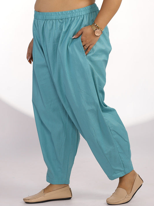 Turquoise Cotton Mom-Fit Pants