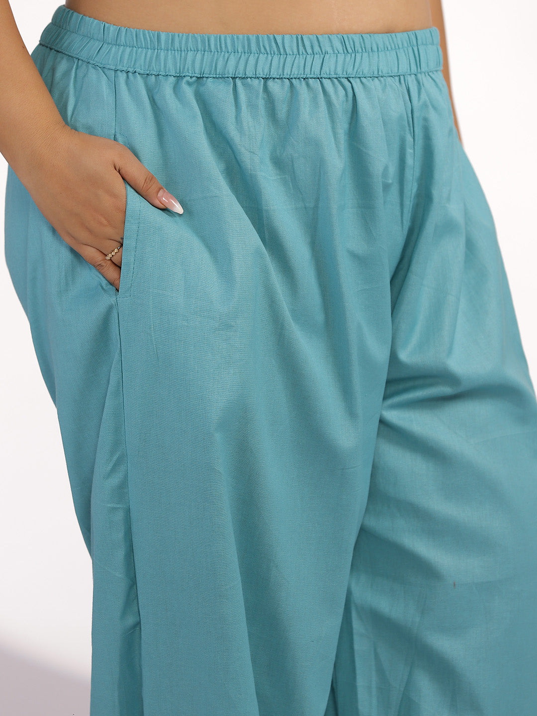 Turquoise Cotton Mom-Fit Pants