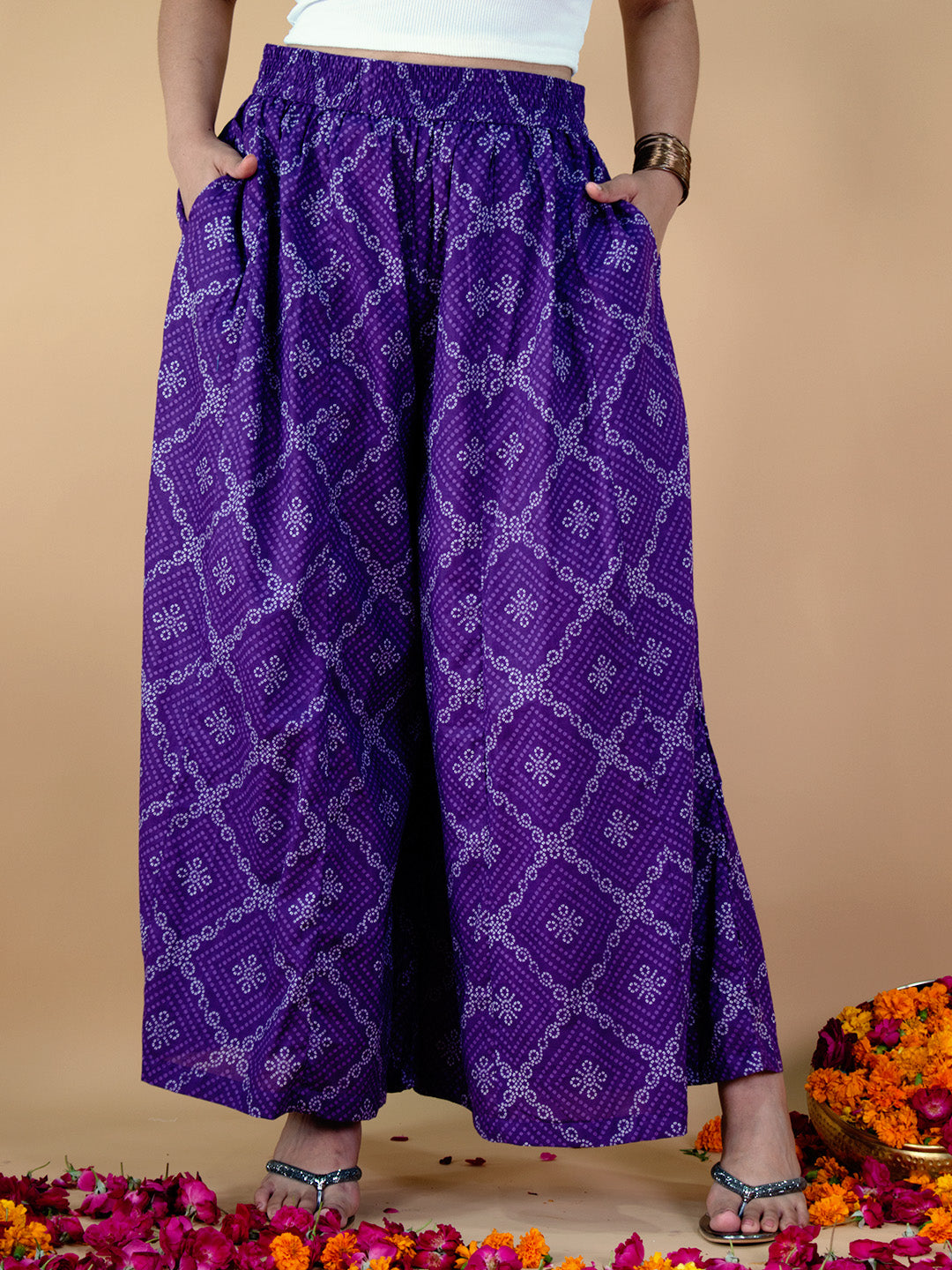 Printed Cotton Flared Palazzo - PurpleBandhani