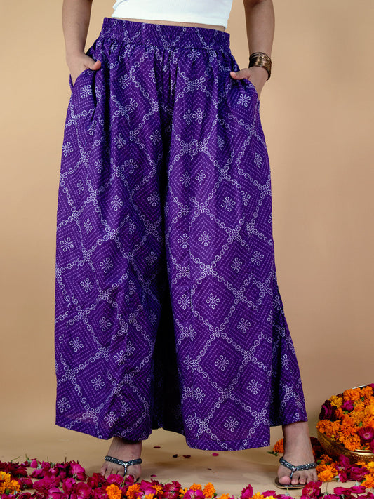 Printed Cotton Flared Palazzo - PurpleBandhani