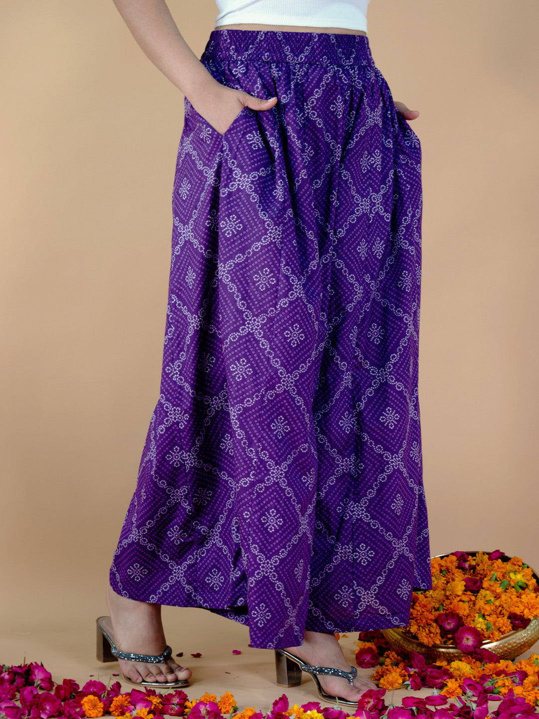 Printed Cotton Flared Palazzo - PurpleBandhani