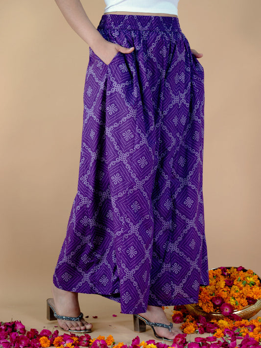 Printed Cotton Flared Palazzo - PurpleBandhani