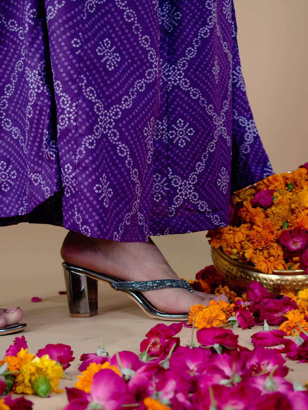 Printed Cotton Flared Palazzo - PurpleBandhani