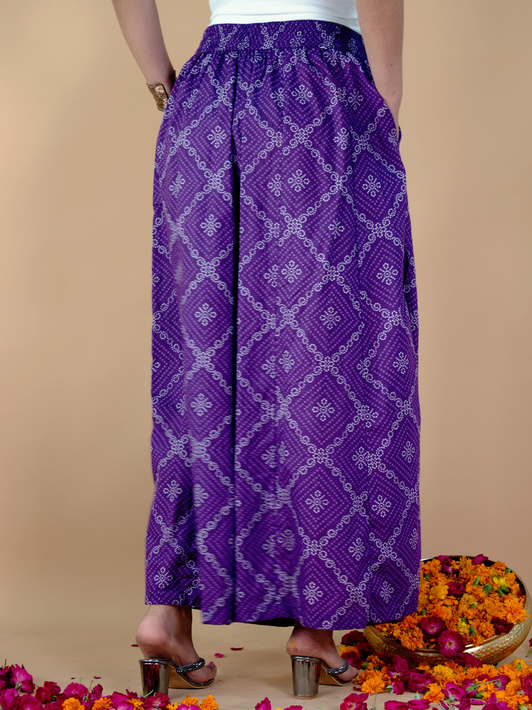 Printed Cotton Flared Palazzo - PurpleBandhani