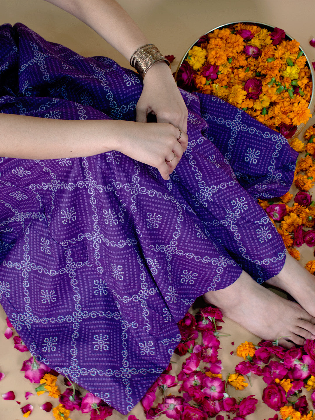 Printed Cotton Flared Palazzo - PurpleBandhani