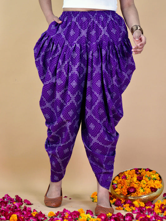 Printed Cotton Dhoti - PurpleBandhani