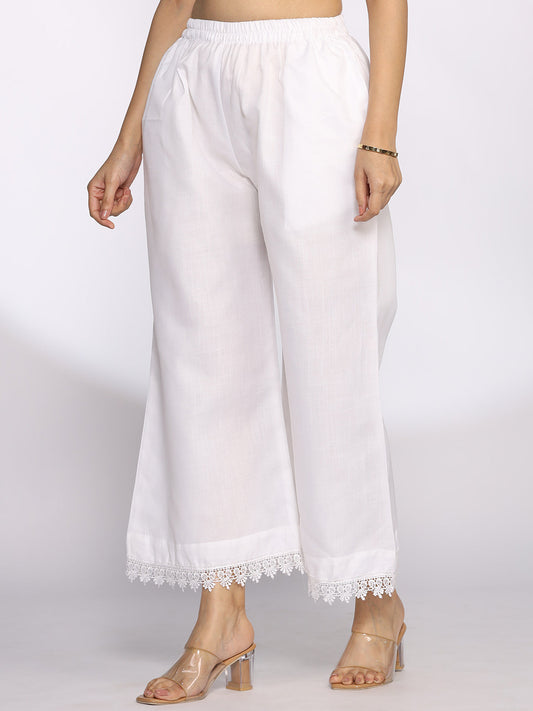 White CottonSlub Laced Palazzo