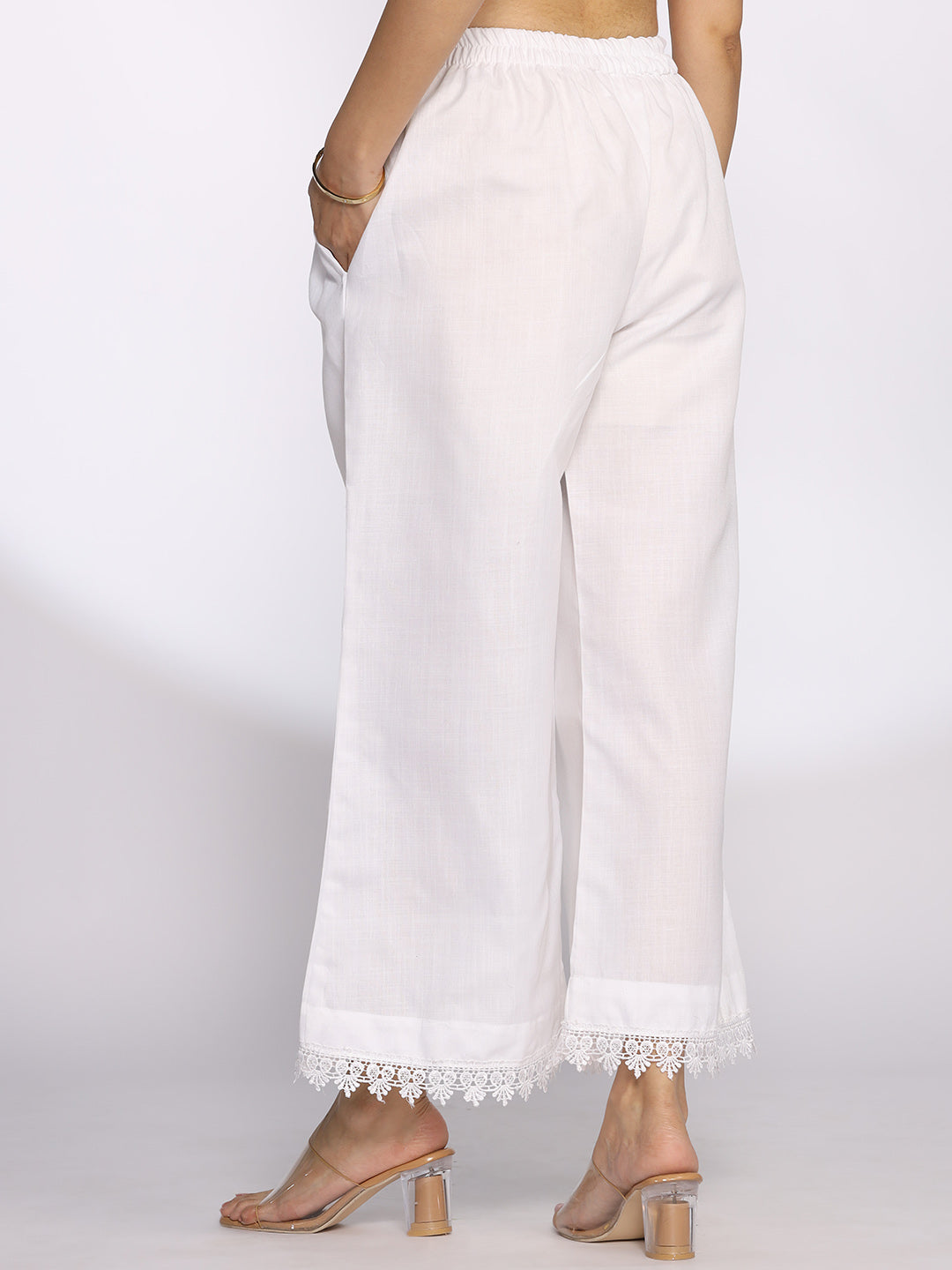 White CottonSlub Laced Palazzo