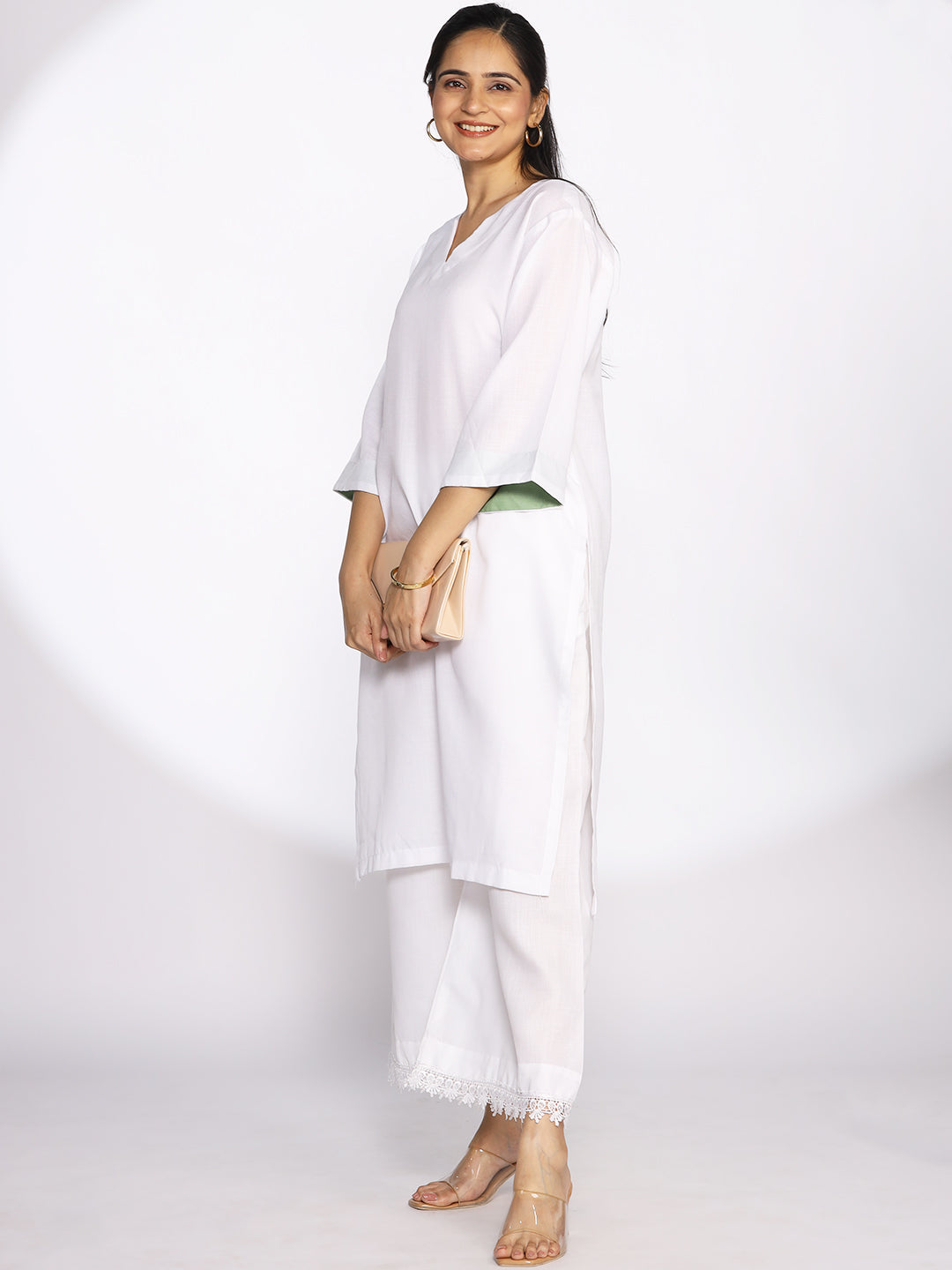 White CottonSlub Laced Palazzo
