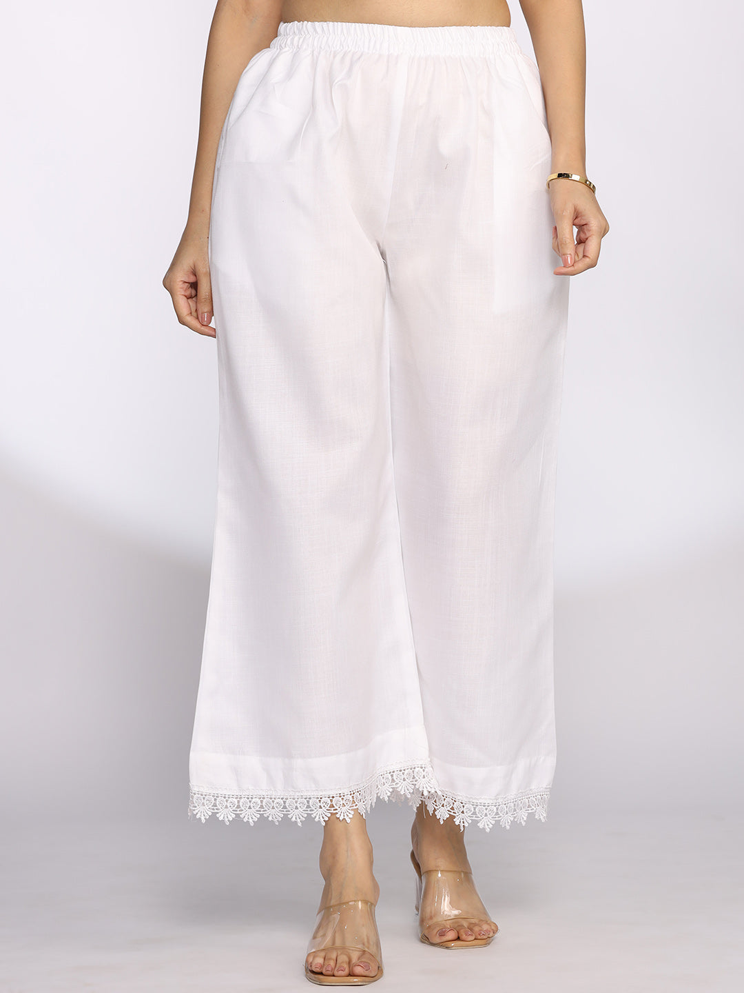 White CottonSlub Laced Palazzo