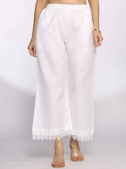 White CottonSlub Laced Palazzo