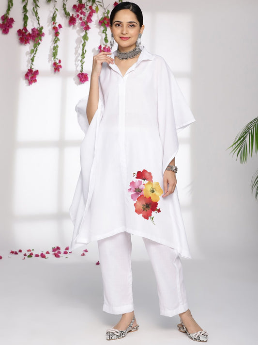 White CottonSlub ShirtKaftan - Viviflora