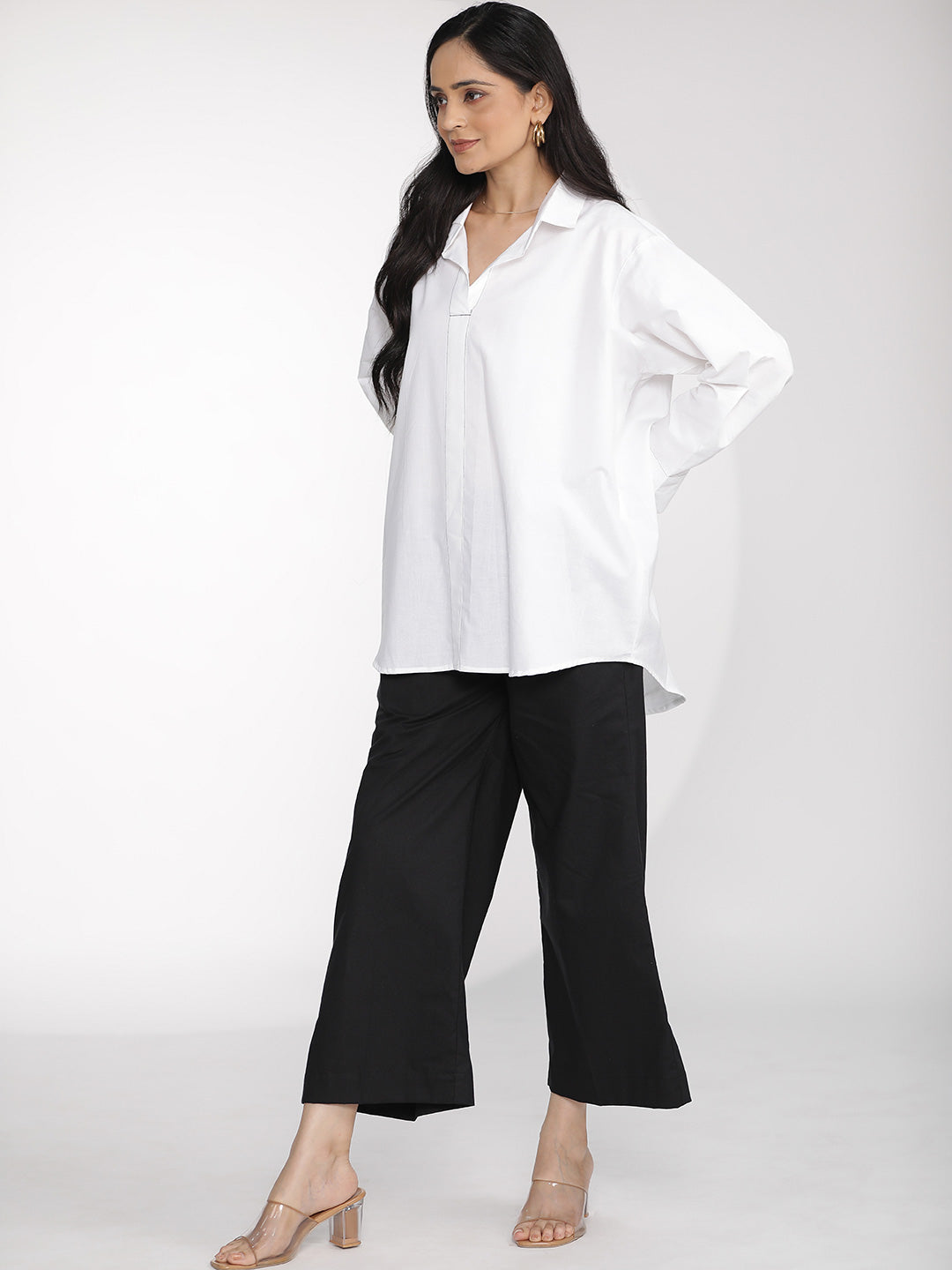 White Poplin OversizedShirt & Black Flared Palazzo