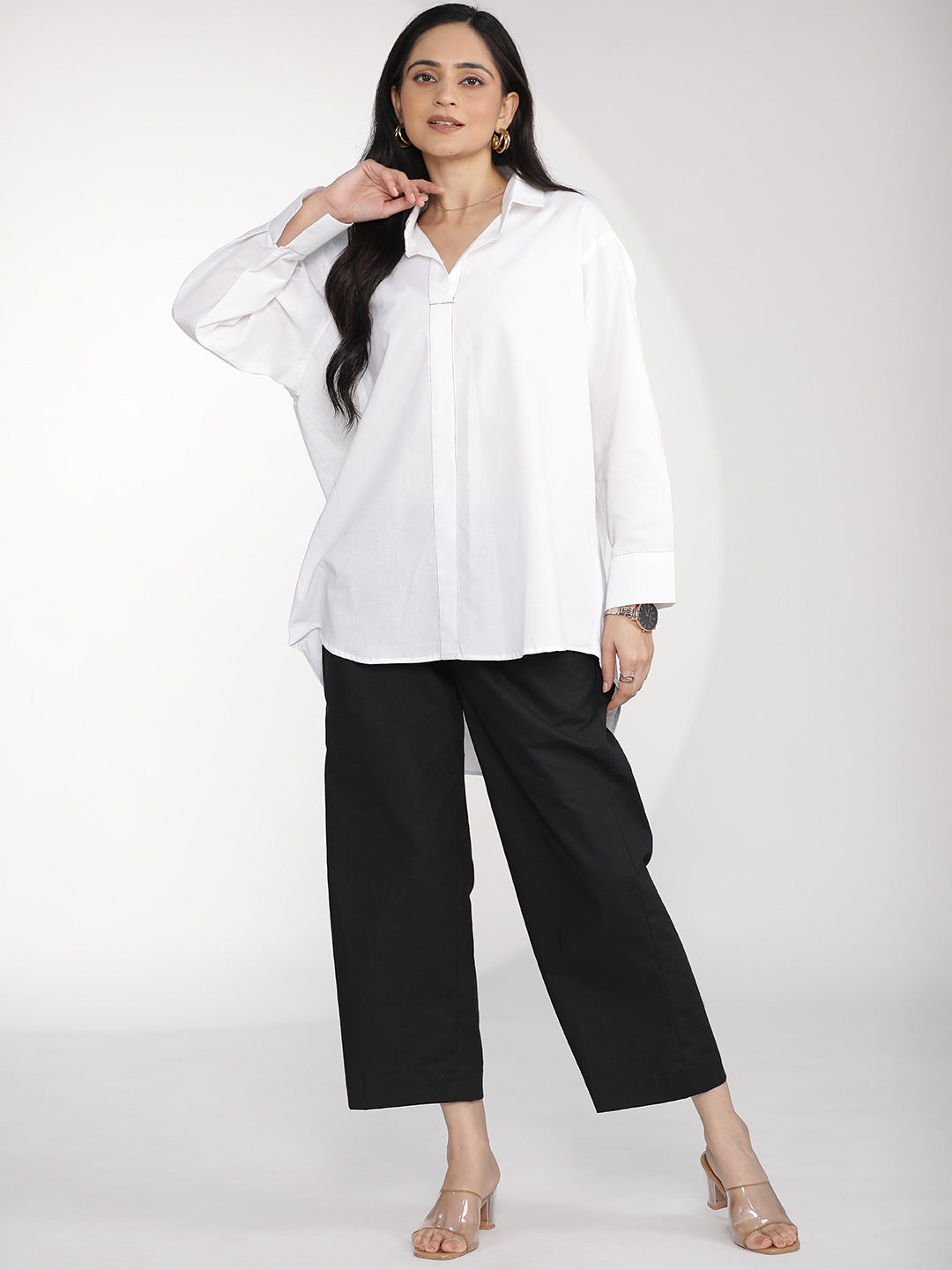 White Poplin OversizedShirt & Black Flared Palazzo