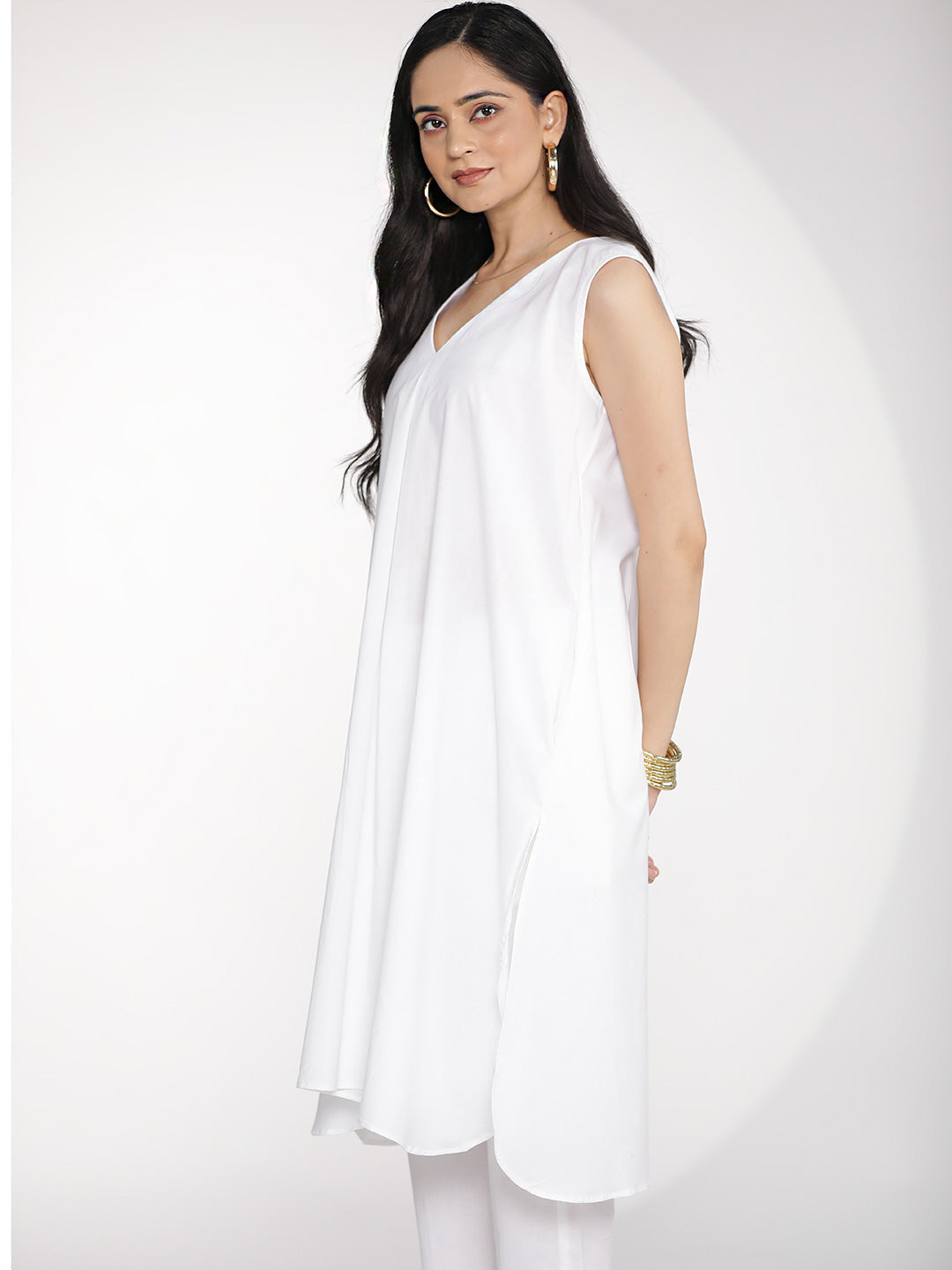 White Poplin PleatedKurta