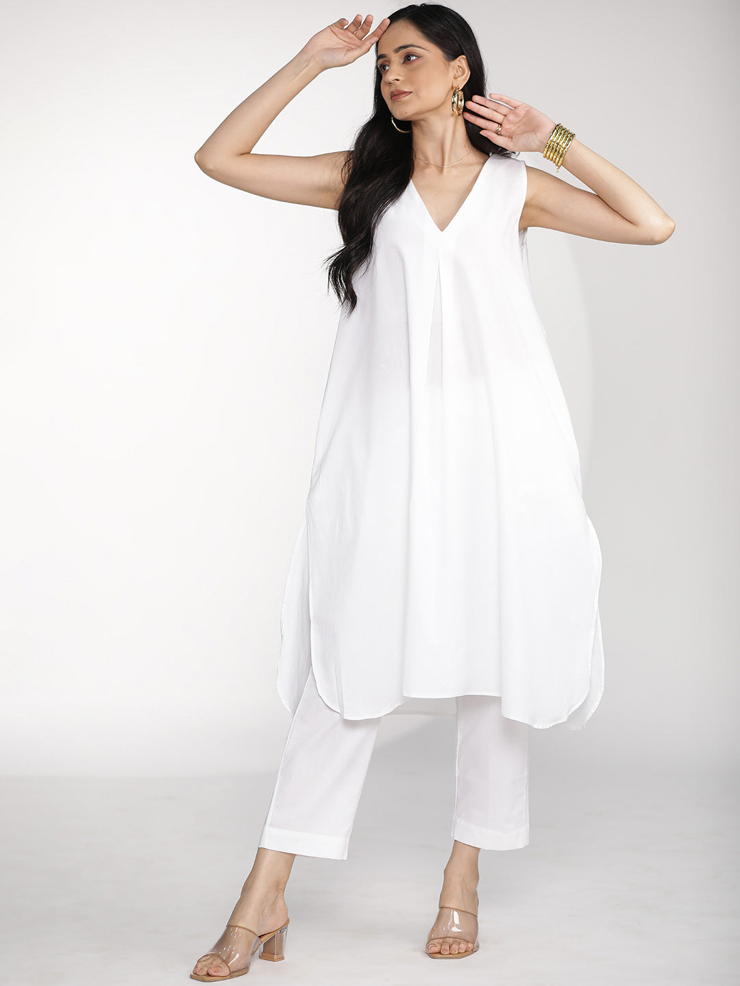 White Poplin PleatedKurta & Tapered Pants