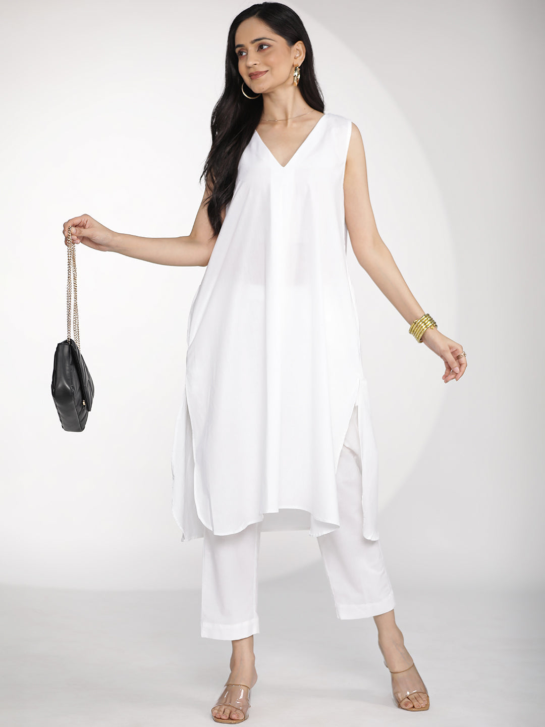 White Poplin PleatedKurta & Tapered Pants