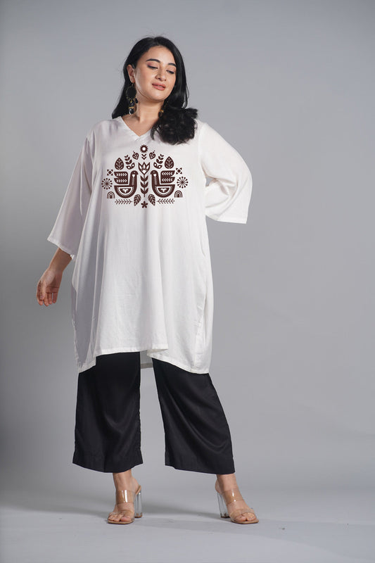 White Rayon Kurti - Lovebirds