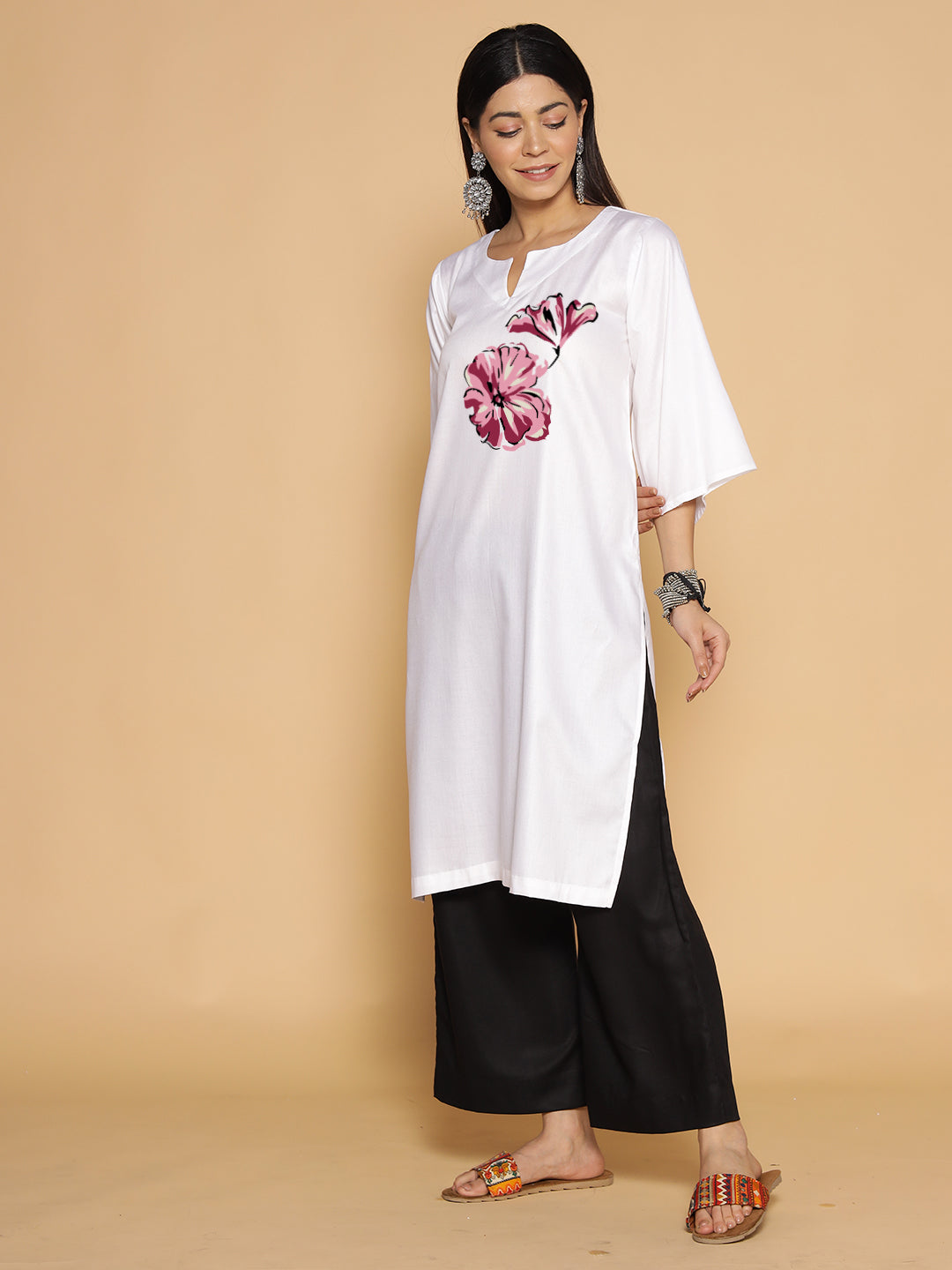White Rayon LongKurta - Kanta