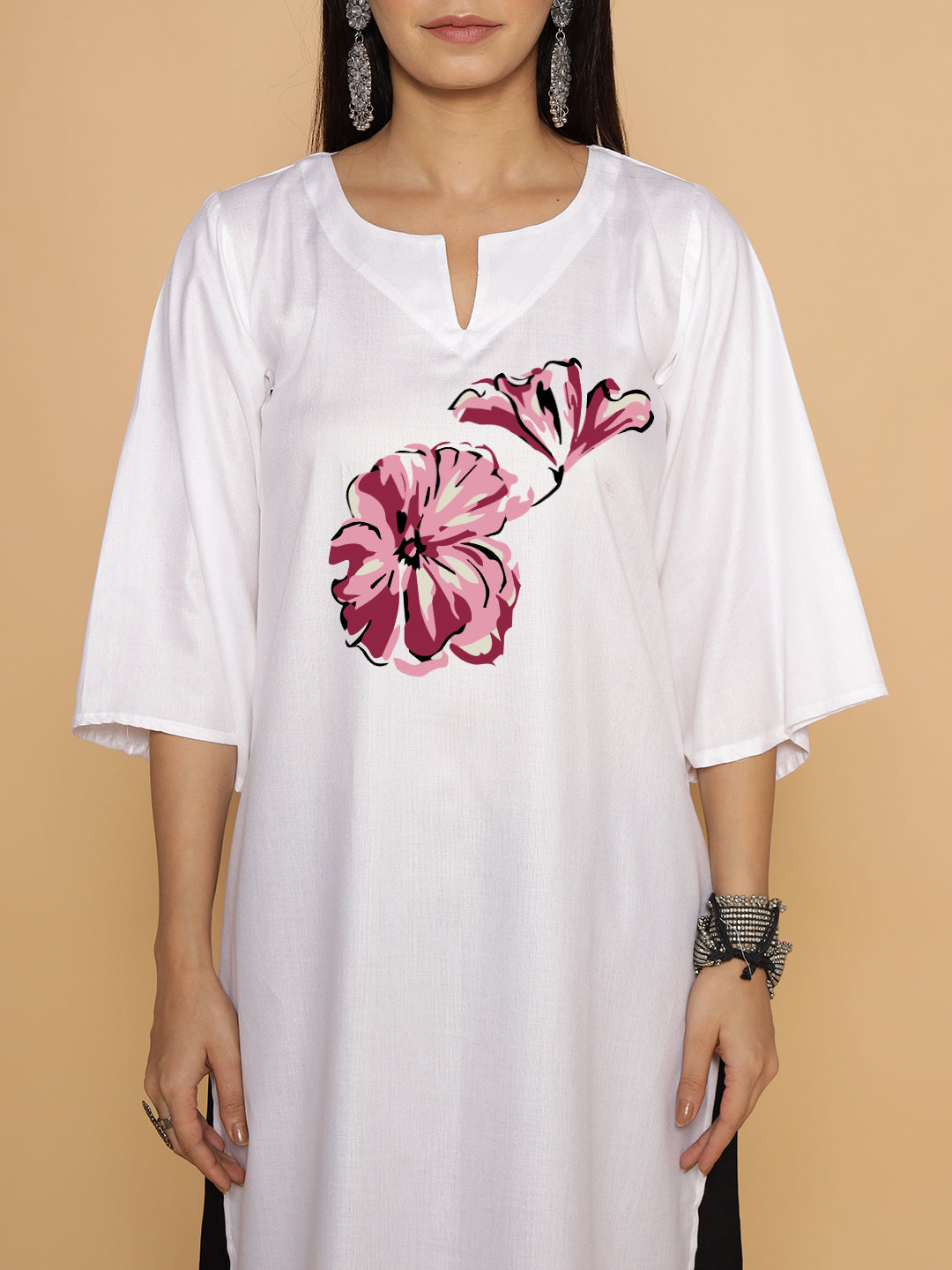 White Rayon LongKurta - Kanta