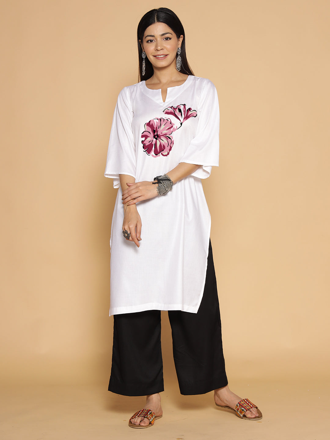White Rayon LongKurta - Kanta