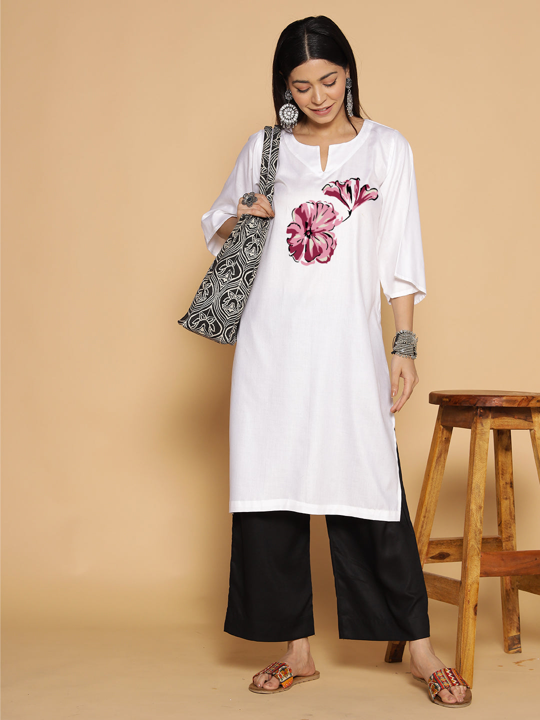 White Rayon LongKurta - Kanta
