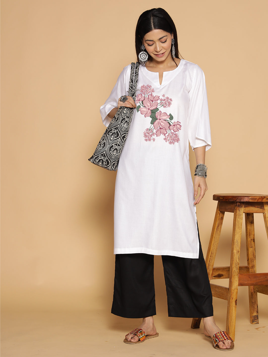 White Rayon LongKurta - Shobhita