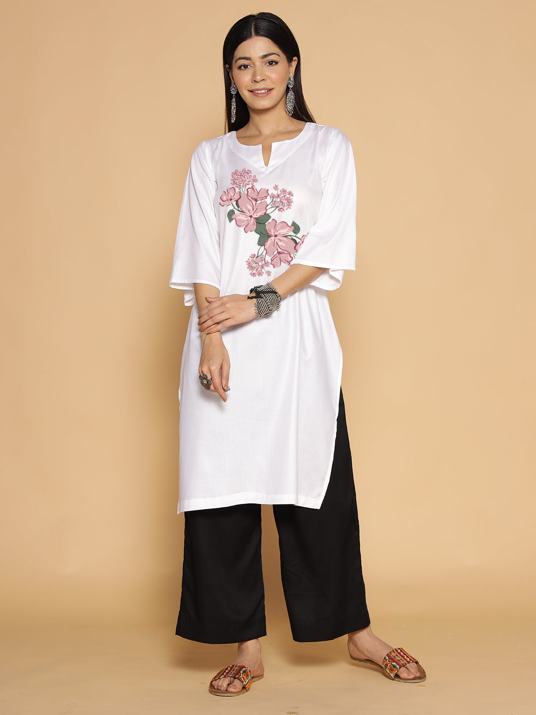 White Rayon LongKurta - Shobhita