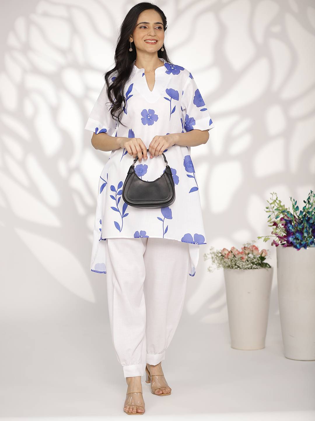 White&Blue FloralCottonSlub HighLowKurti