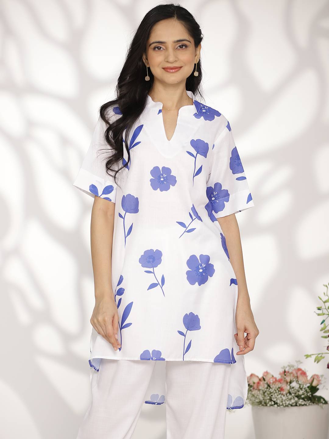 White&Blue FloralCottonSlub HighLowKurti